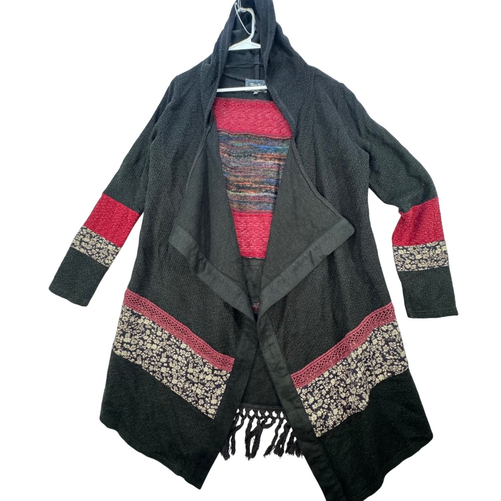 Miss Me Cardigan Women Large Black Hooded Fringe Western Cowgirl Equestrian